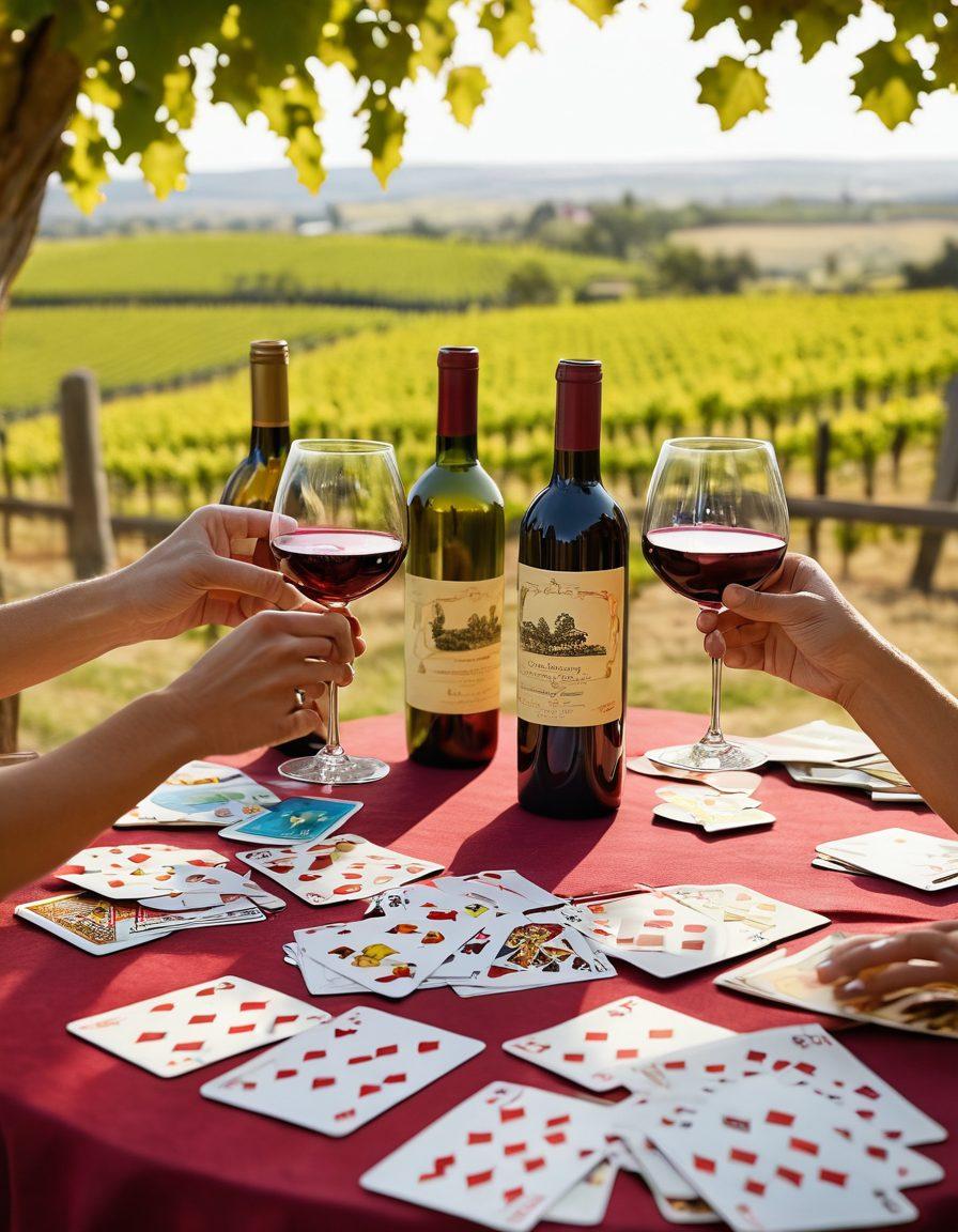 A lively scene featuring a table adorned with an array of colorful wine glasses and a deck of cards, capturing the essence of a joyful gathering. In the background, playful silhouettes of friends laughing and sharing moments, surrounded by a vineyard landscape bathed in warm sunlight. The atmosphere exudes celebration and camaraderie, with hints of grapevines and playing cards creatively intertwined. vibrant colors. 3D.