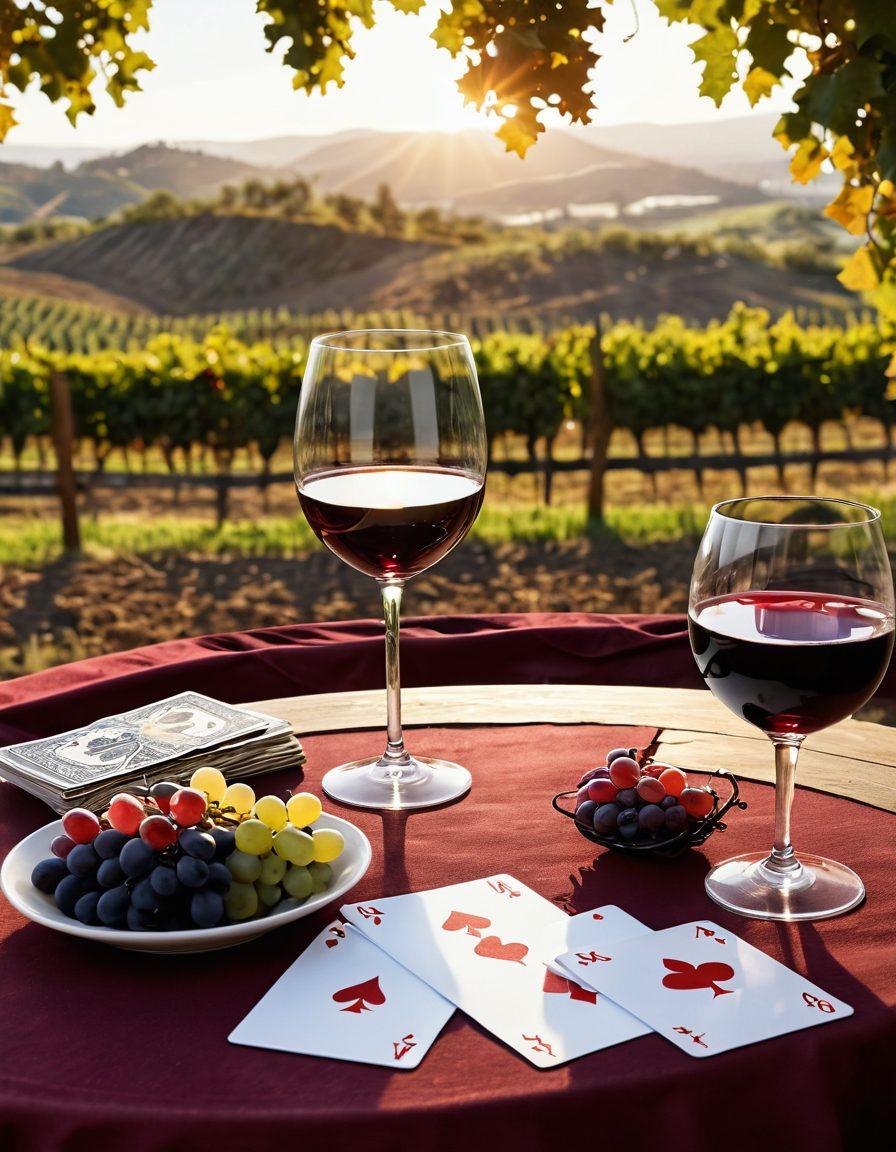 A vibrant card table set outdoors with five playing cards laid out, a beautifully arranged wine glass filled with rich red wine beside it, lush vineyard landscape in the background, with grapes hanging from the vines and golden sunlight casting a warm glow over the scene. super-realistic. vibrant colors. 3D.