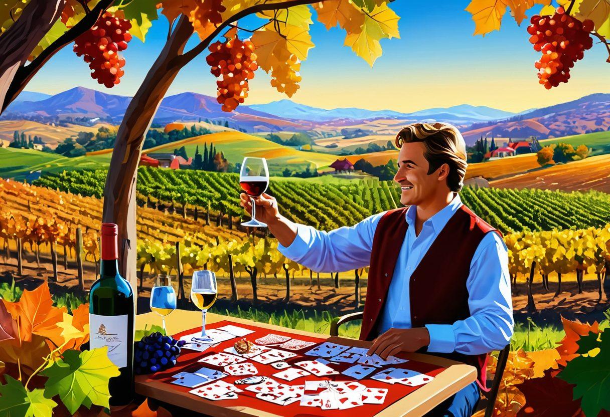 A whimsical scene combining a vineyard with playing cards scattered amongst grapevines. In the foreground, a cheerful winemaker raises a glass of wine, celebrating a strategic card game. The backdrop features rolling hills dotted with grape clusters and vibrant colors of autumn foliage. Enhance the atmosphere with soft sunlight filtering through the leaves, creating a warm, inviting glow. vector art. vibrant colors.